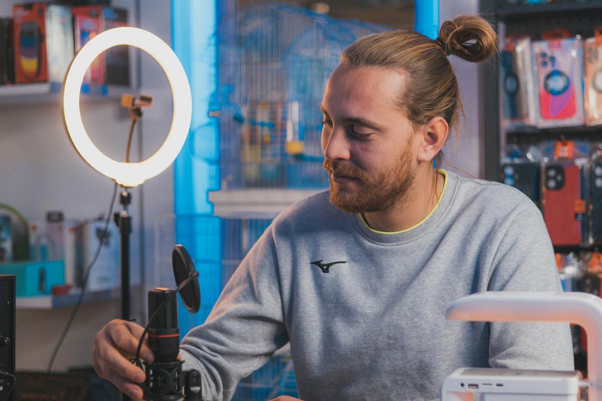 Creator workspace setup with camera microphone and professional tools