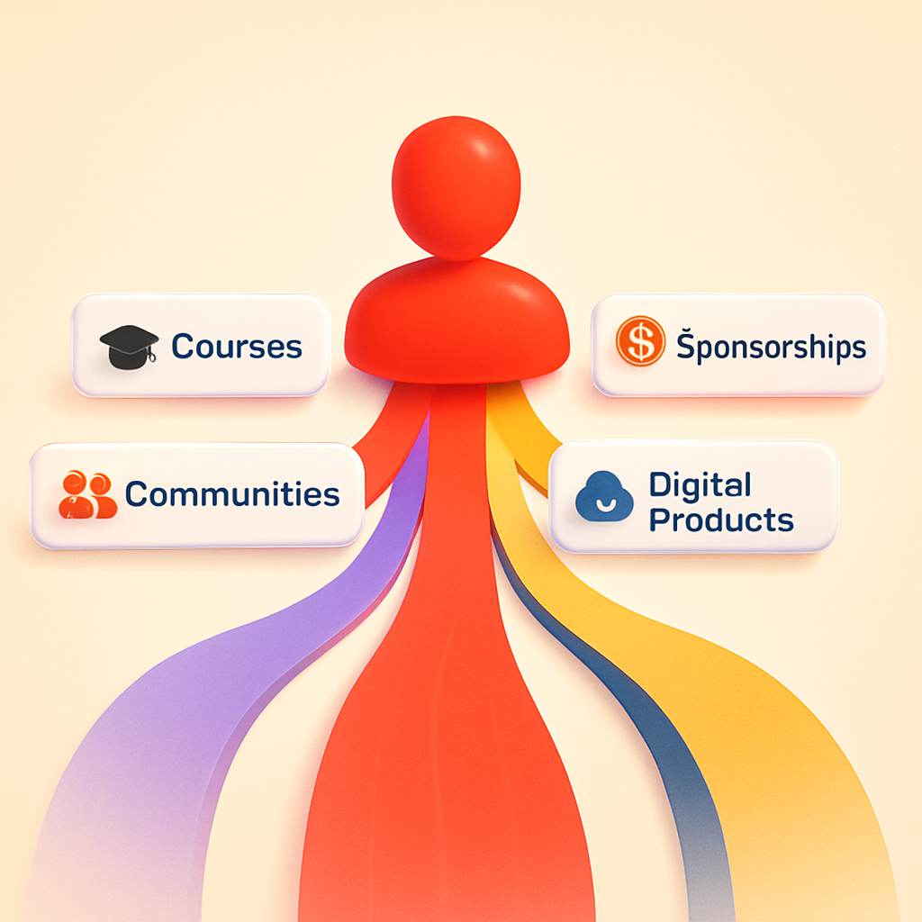 Visual breakdown of seven creator income streams flowing into one revenue stack