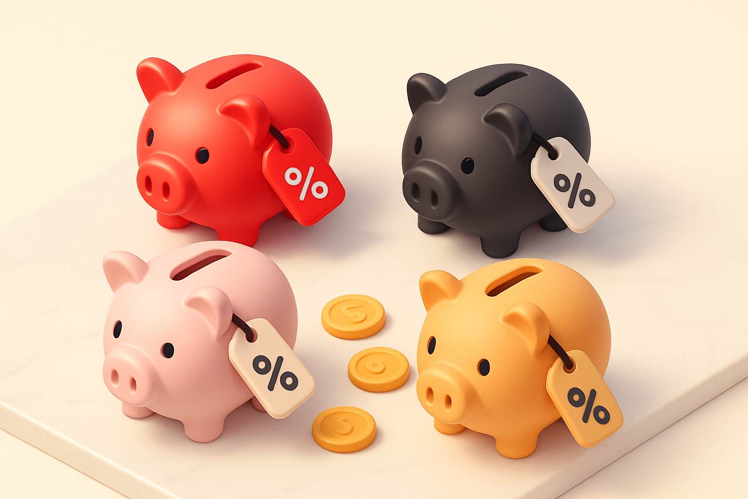 Creator platform fees comparison with piggy banks and percentage tags