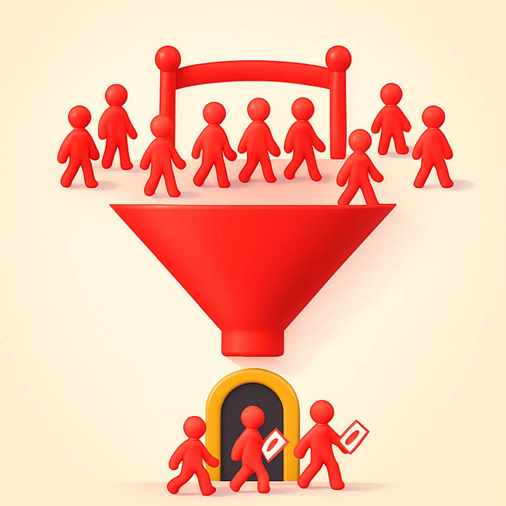 Free to paid community funnel strategy showing wide open gate narrowing to exclusive golden door