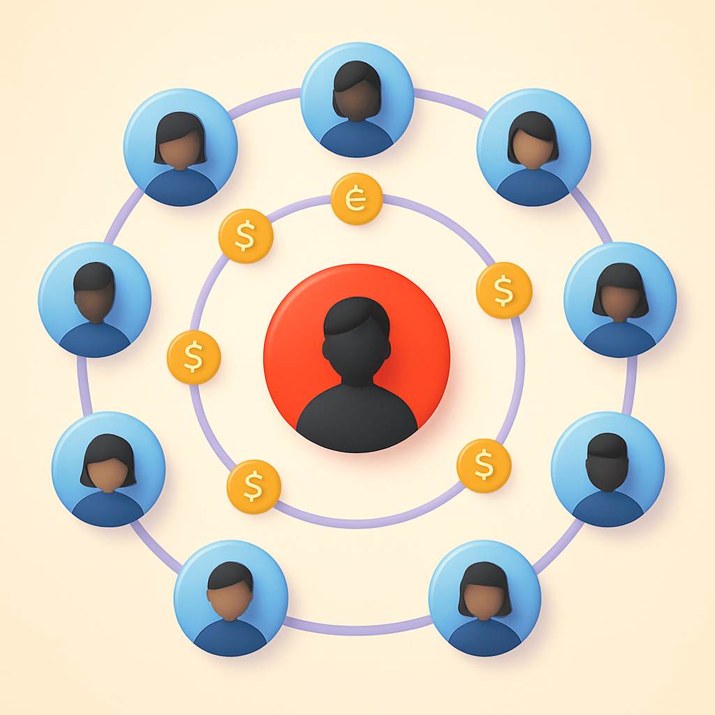 Recurring revenue visualization showing connected community members flowing to creator