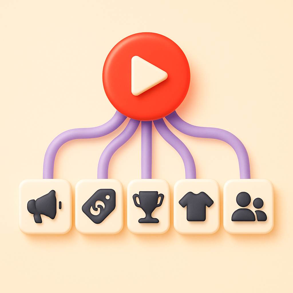 YouTube revenue streams illustration showing five income channels