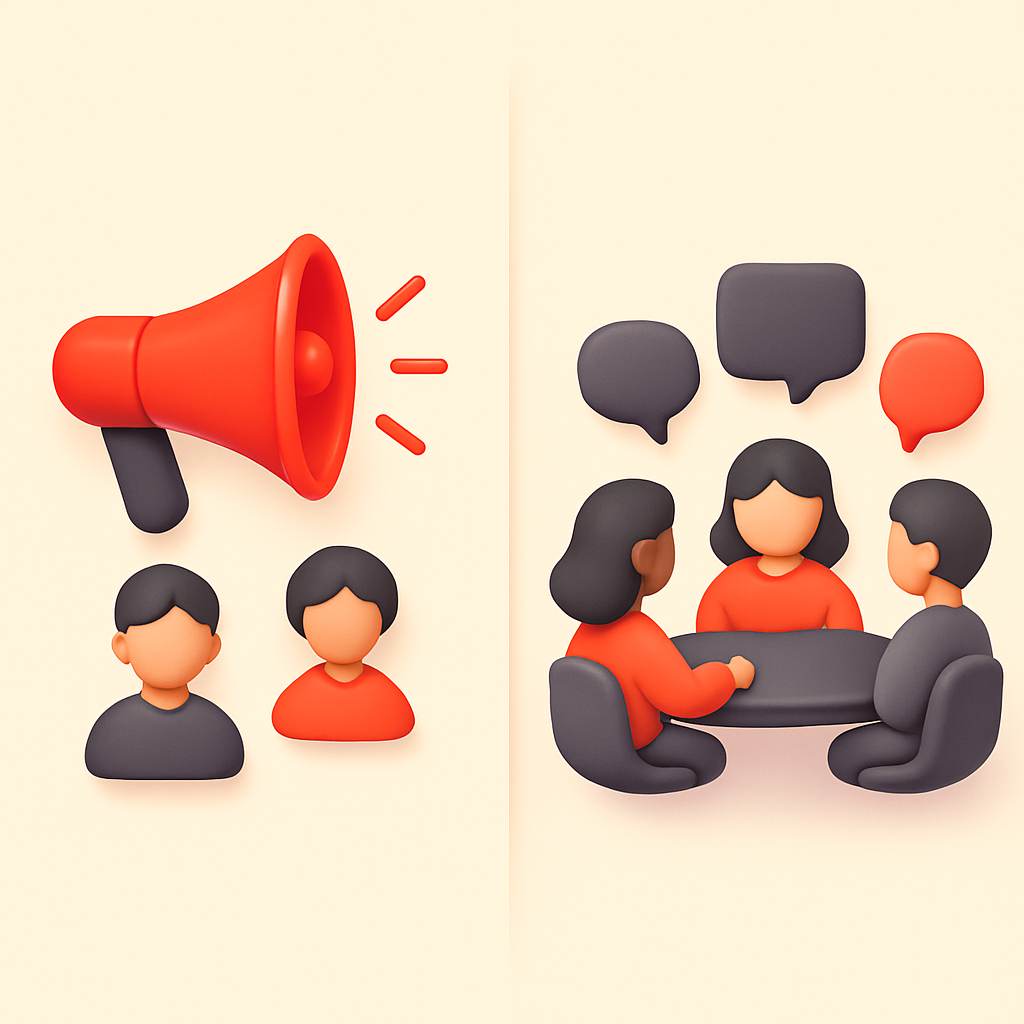 Channel versus group comparison showing broadcast megaphone and group discussion