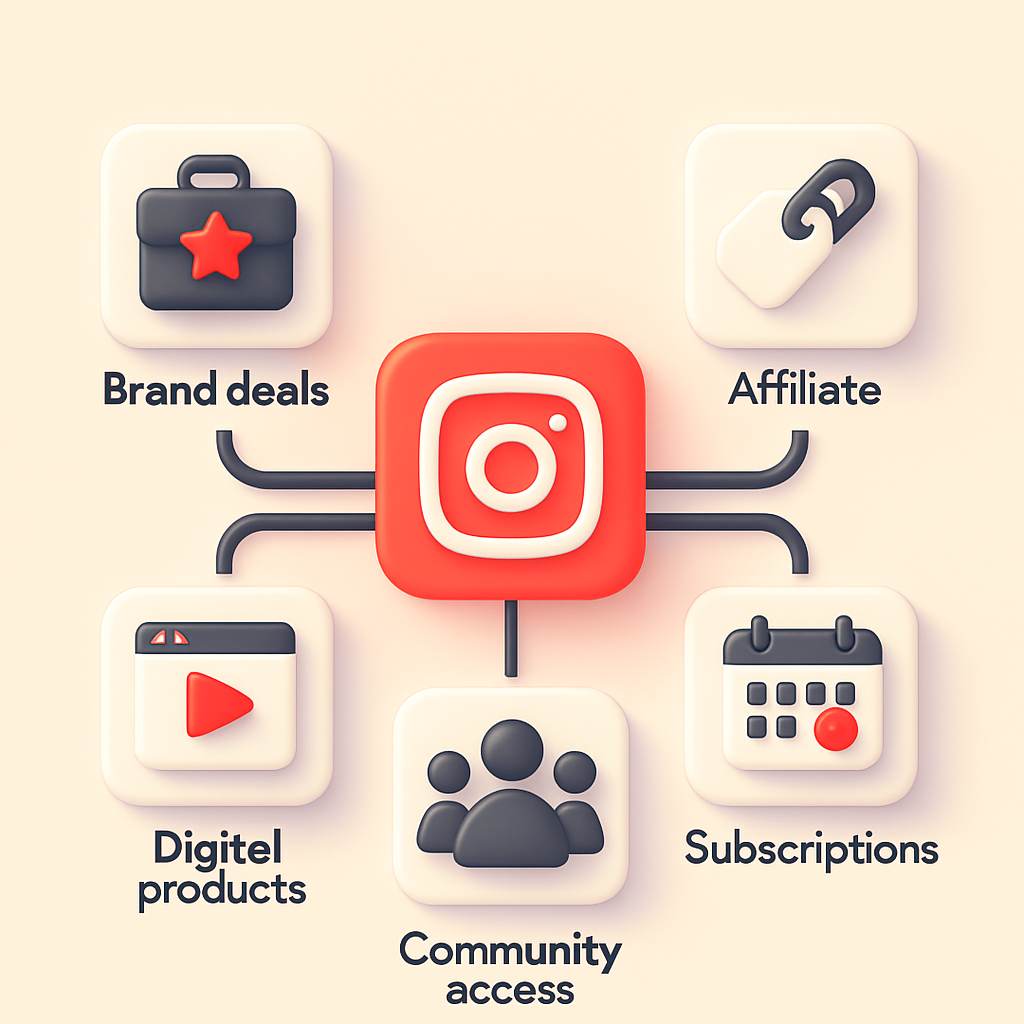 Instagram revenue streams illustration showing brand deals, affiliates, products, subscriptions, and community access