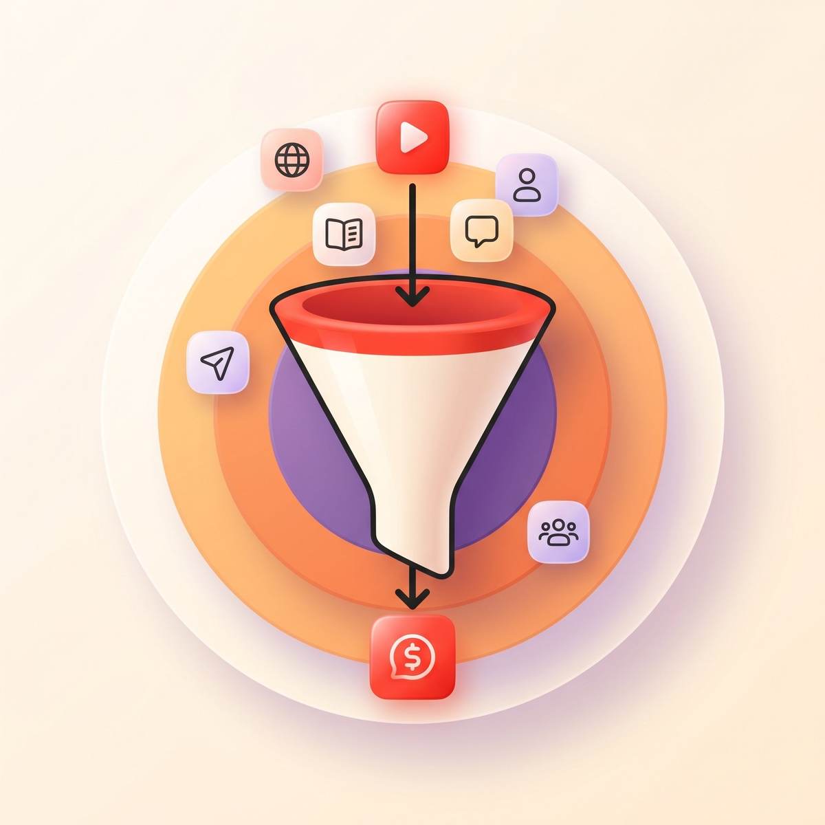 Paid community funnel showing free preview content flowing into paid membership with growing community layers