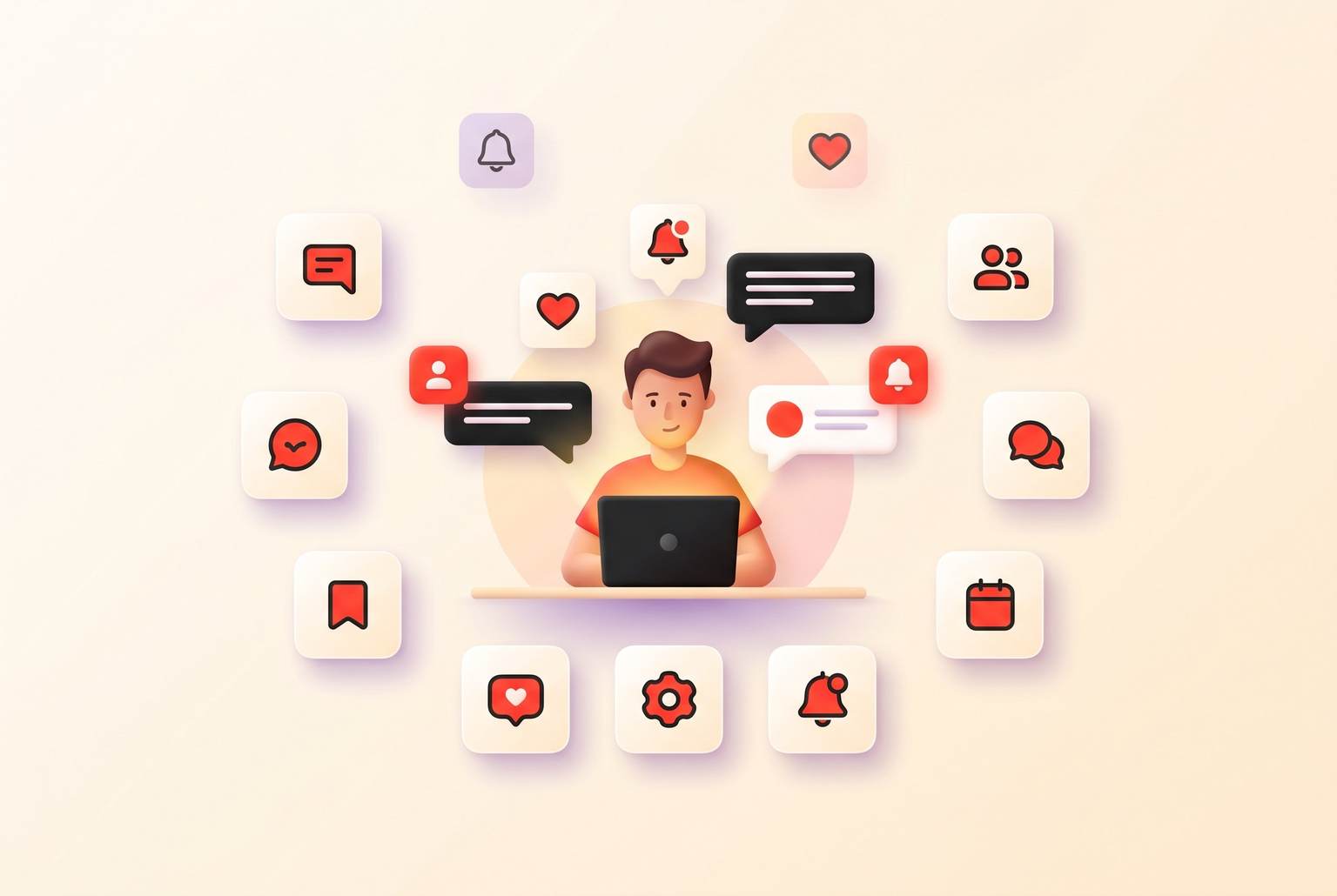 A creator at a laptop with chat bubbles representing a growing paid community on Telegram