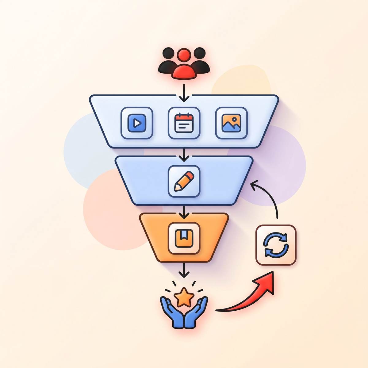 Paid challenge funnel diagram showing participants joining, daily content flow, completion, and upsell to recurring membership