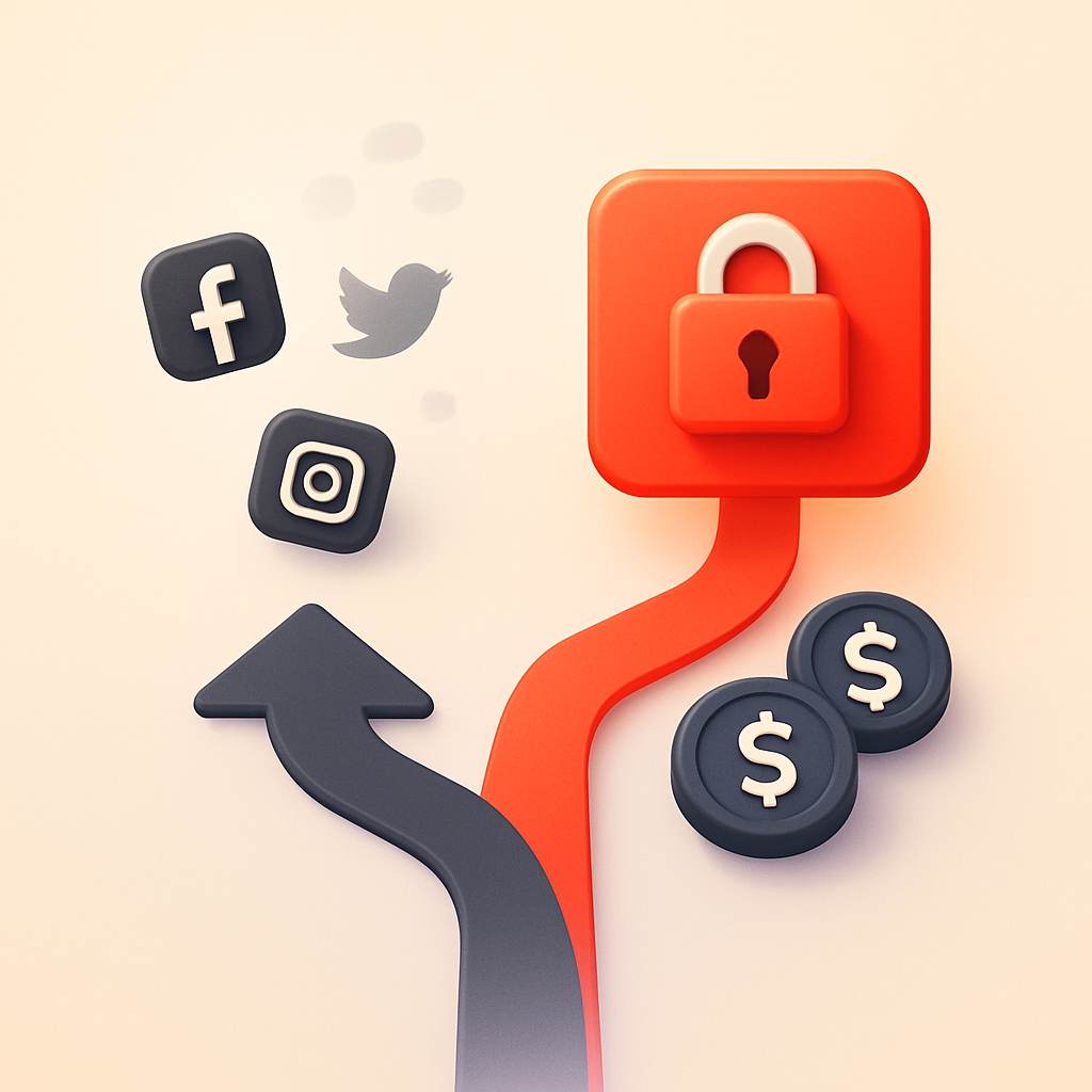 Illustration showing two diverging paths — scattered social media logos fading vs a glowing locked community with recurring revenue