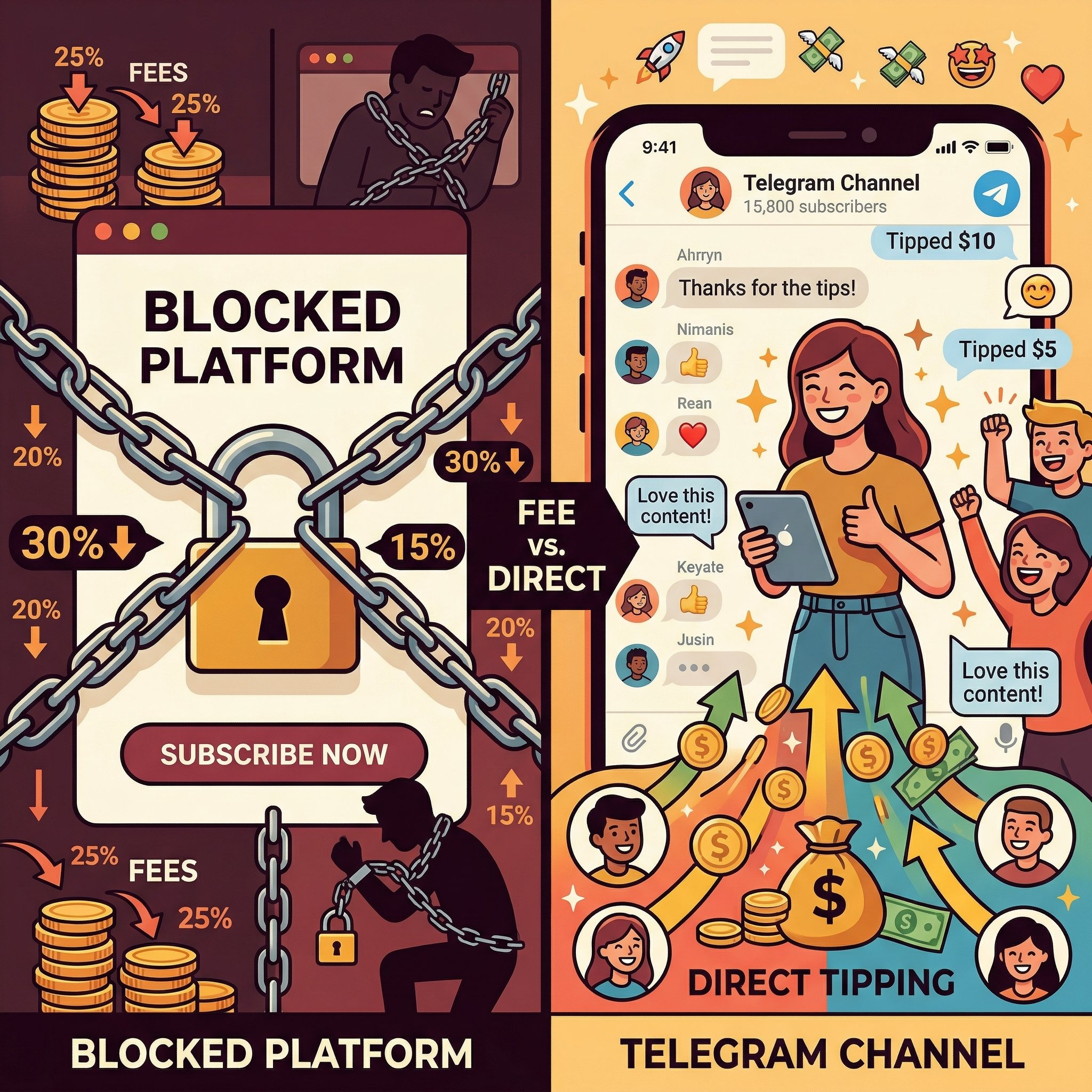 Comparison of leaving Patreon fees versus Telegram with zero-commission platform