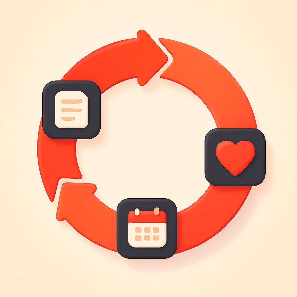 Engagement-retention loop illustration showing content, habit, and renewal cycle for paid communities