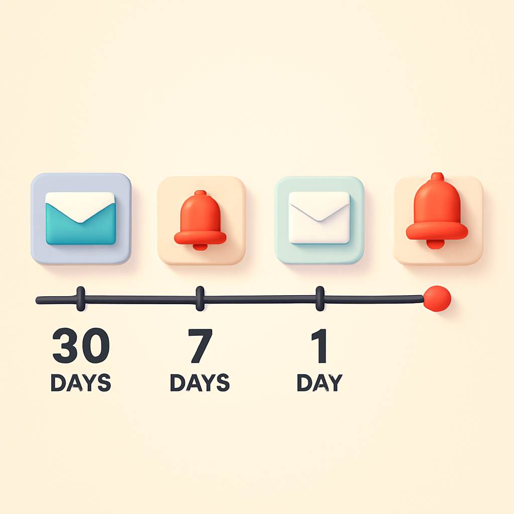 Renewal timeline showing 30-day, 7-day, and 1-day touchpoints