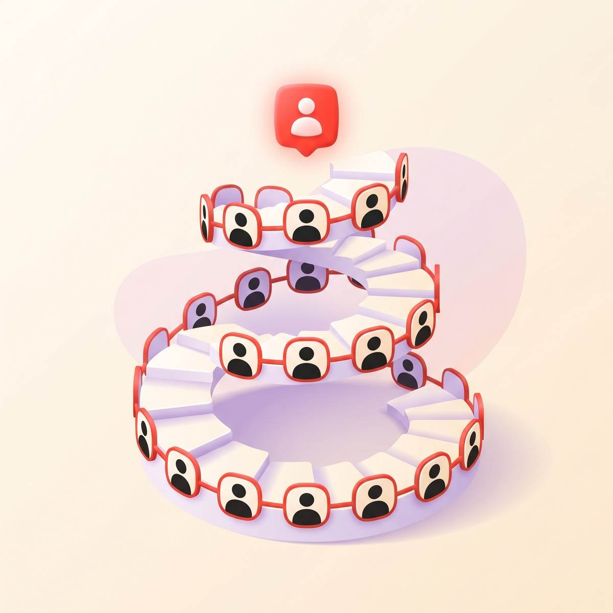 Conceptual illustration of ascending spiral staircase made of connected users representing compounding community growth