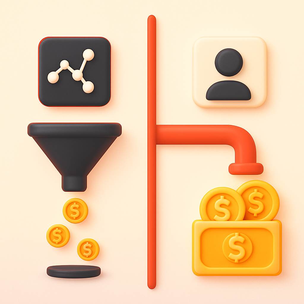 Illustration comparing direct monetization pipeline to algorithm-dependent ad revenue funnel