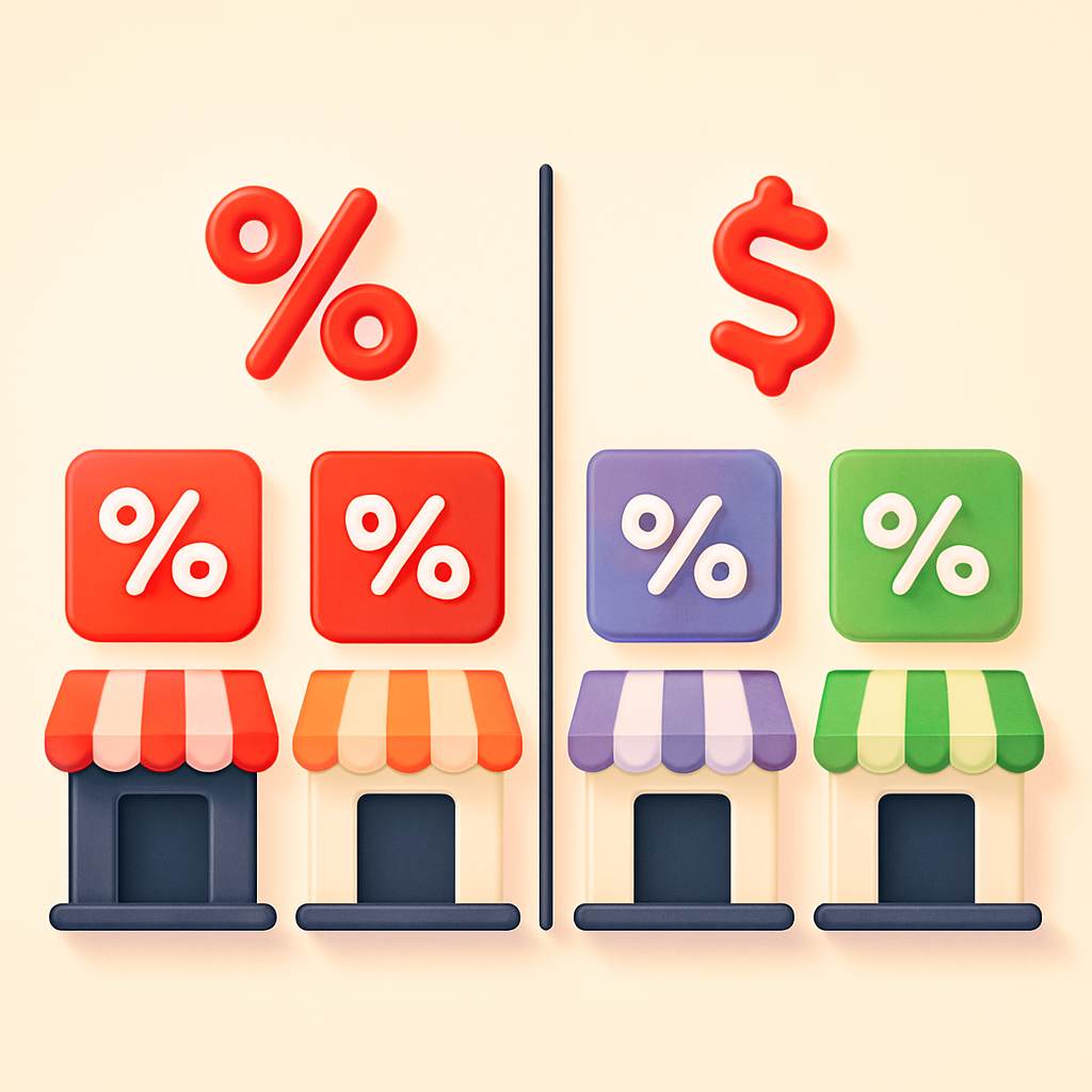 Comparison illustration showing four creator platform storefronts with fee percentages
