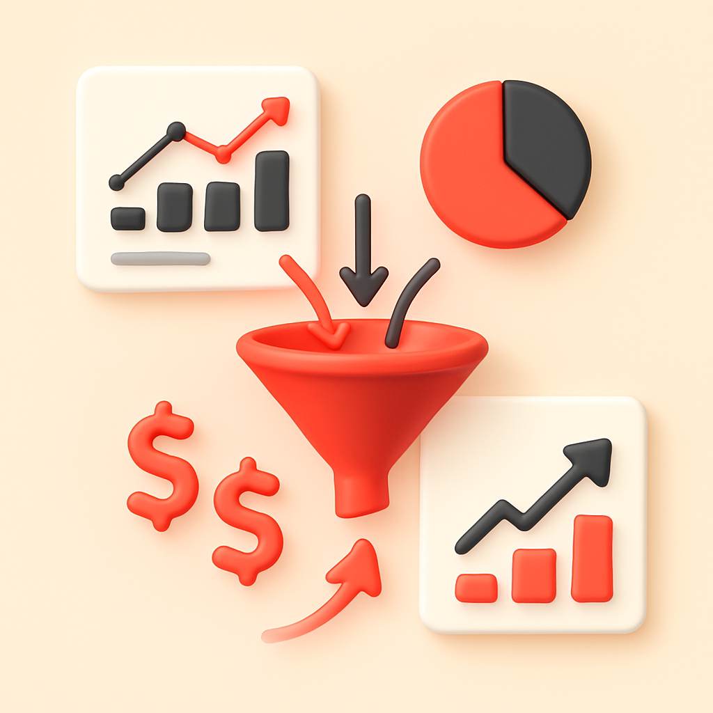 Analytics data flowing into revenue decisions visualization