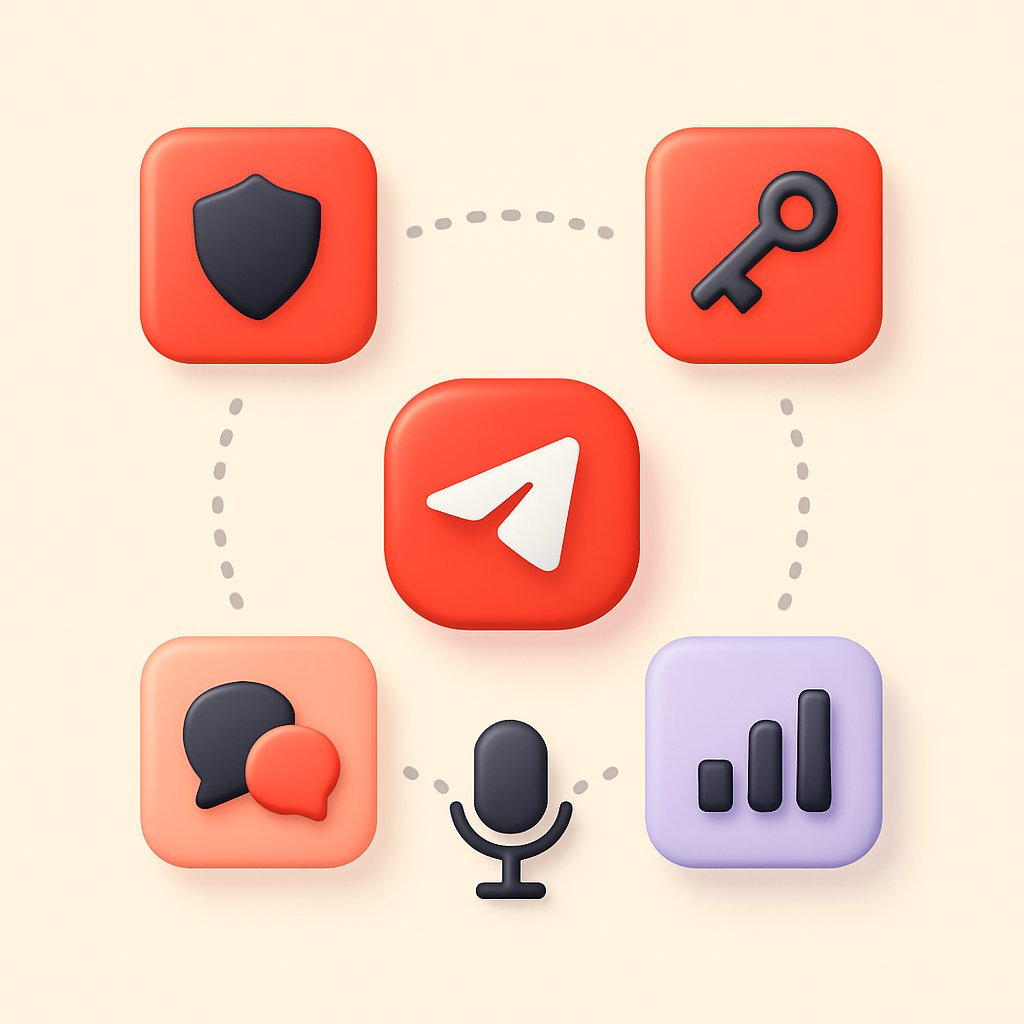 Five bot categories for Telegram groups illustrated as connected icons