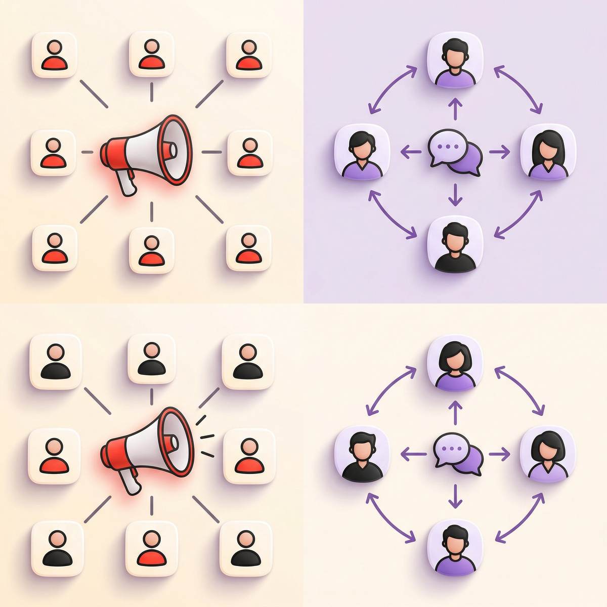 Broadcast vs group message comparison showing channel and group differences