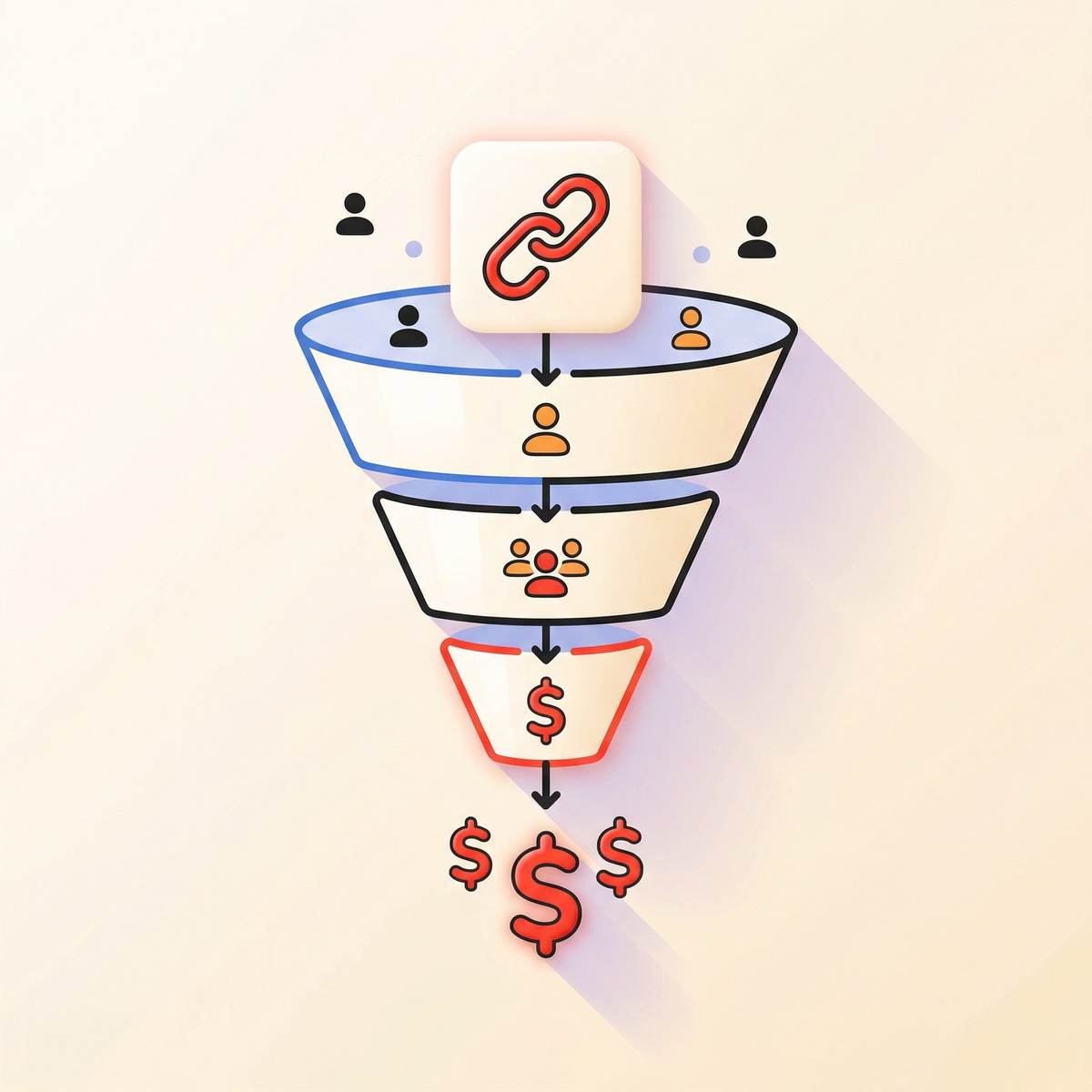 Conversion funnel illustration showing link transforming into revenue with user flow