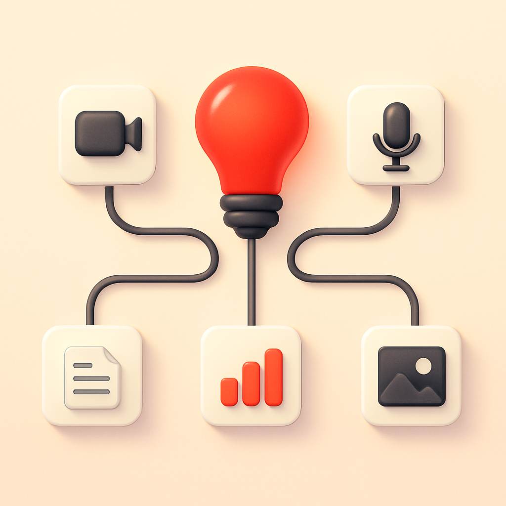 Content repurposing workflow showing one idea becoming multiple content formats