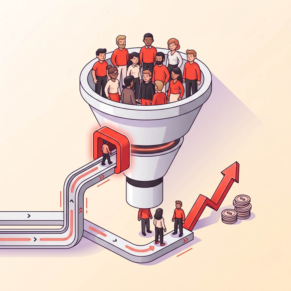 Abstract illustration of a coaching funnel with multiple clients entering a channel and upward revenue trend