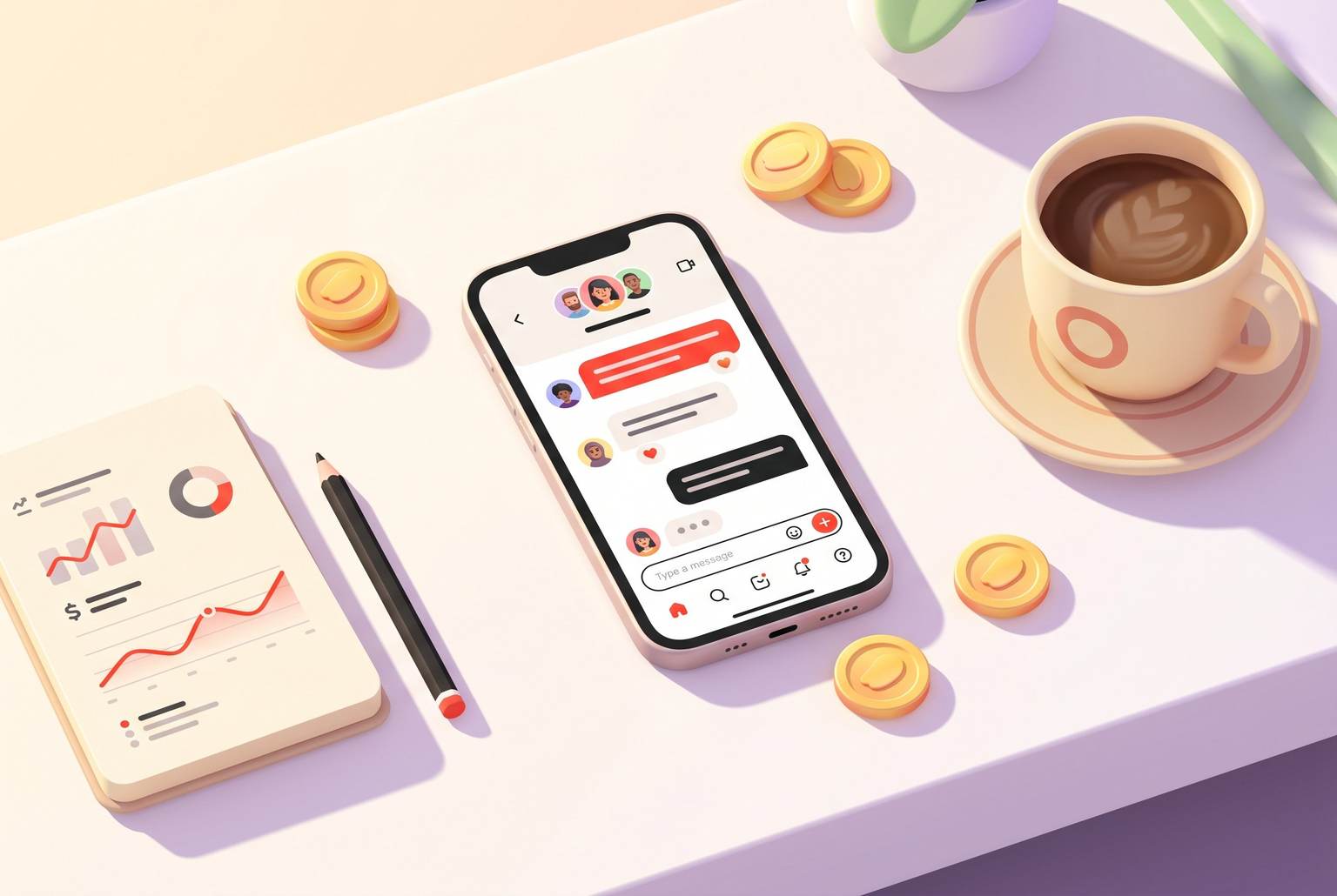 Overhead flat-lay scene with smartphone, gold coins, and revenue notebook on a white desk