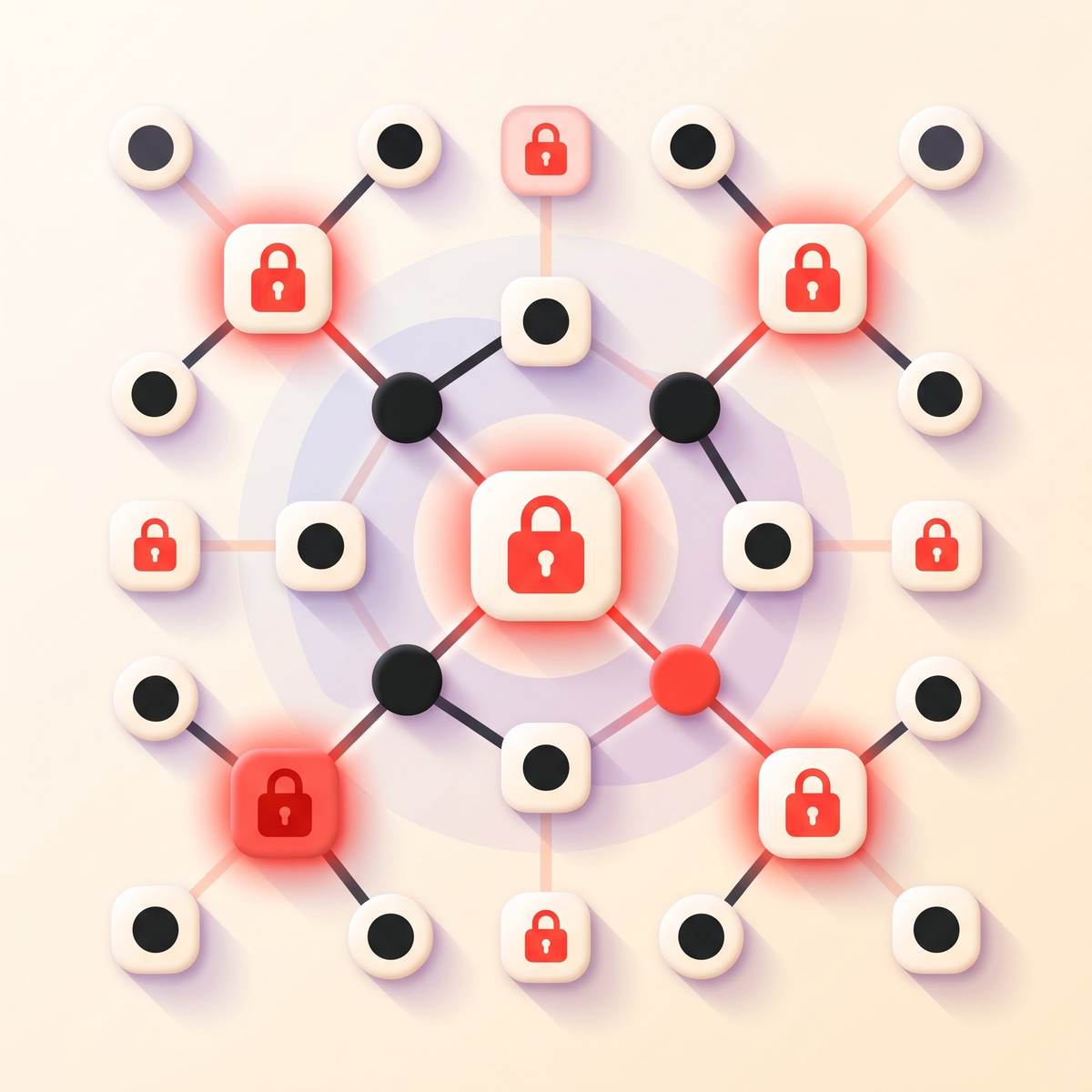 Abstract visualization of automated access control and membership gating with interconnected nodes and lock icons