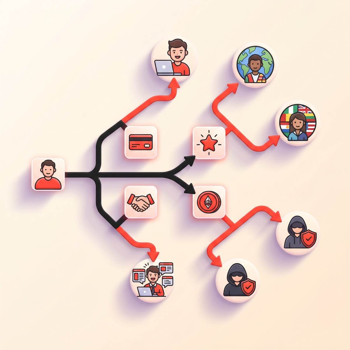 A branching decision tree showing four paths — credit card, star, handshake, and crypto coin — leading to different creator personas for choosing Telegram payment methods