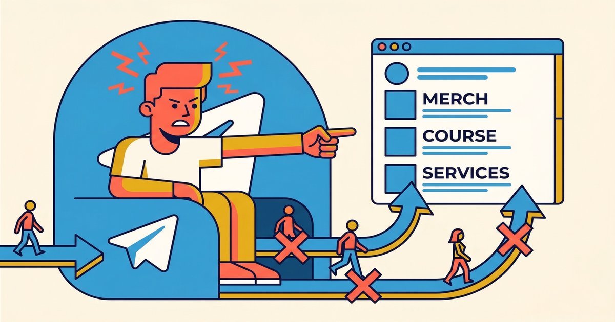Creator frustrated by sending Telegram fans to an external Stan Store storefront instead of keeping them in Telegram