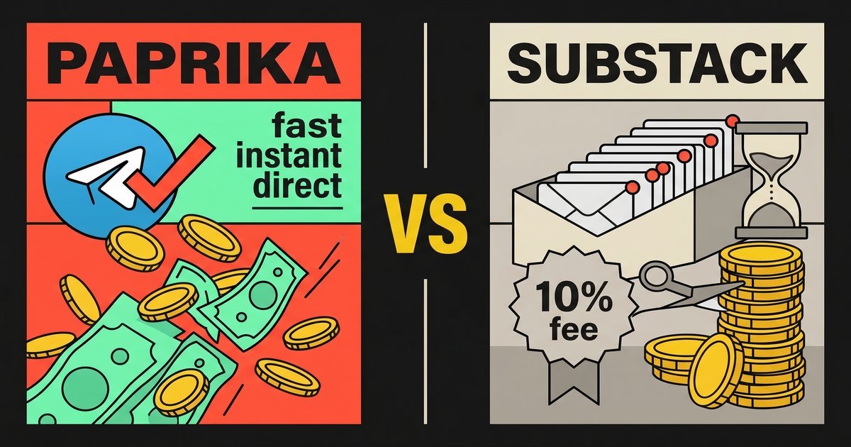 Paprika vs Substack comparison — zero commission Telegram channel vs 10% email newsletter fee