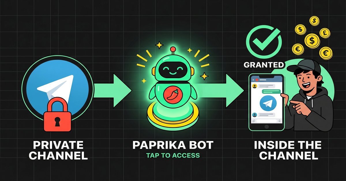 Paprika bot setup steps — add to Telegram channel, set price, fans get instant access without leaving Telegram