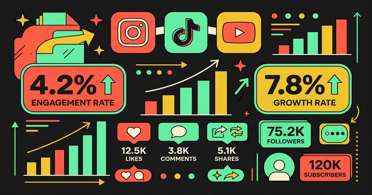 Social media engagement rate dashboard showing engagement metrics with Instagram, TikTok, and YouTube icons