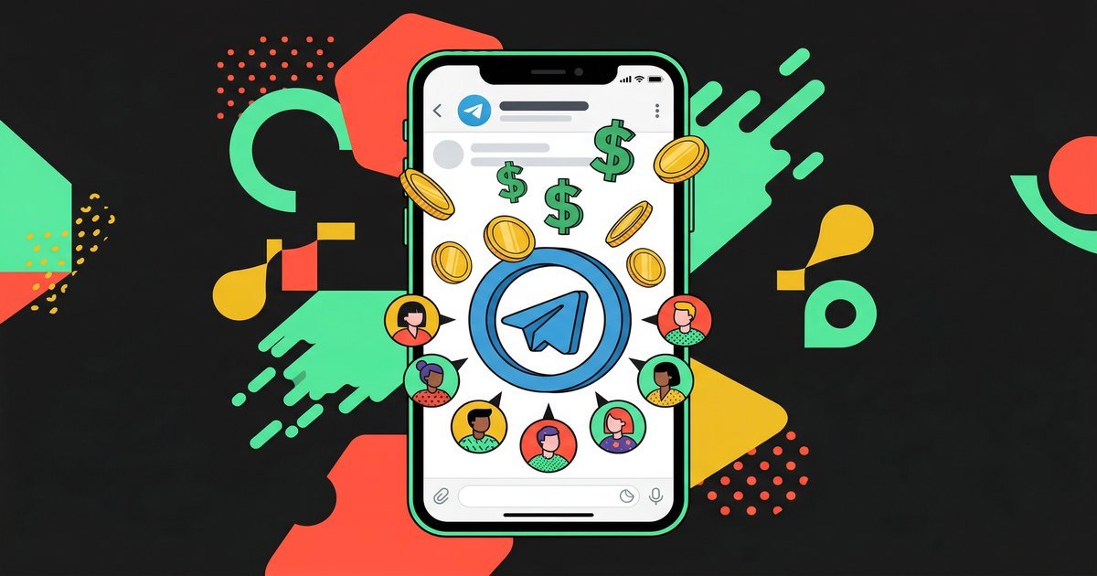 Smartphone displaying a Telegram group with members joining and money symbols, illustrating how to create and monetize a Telegram group
