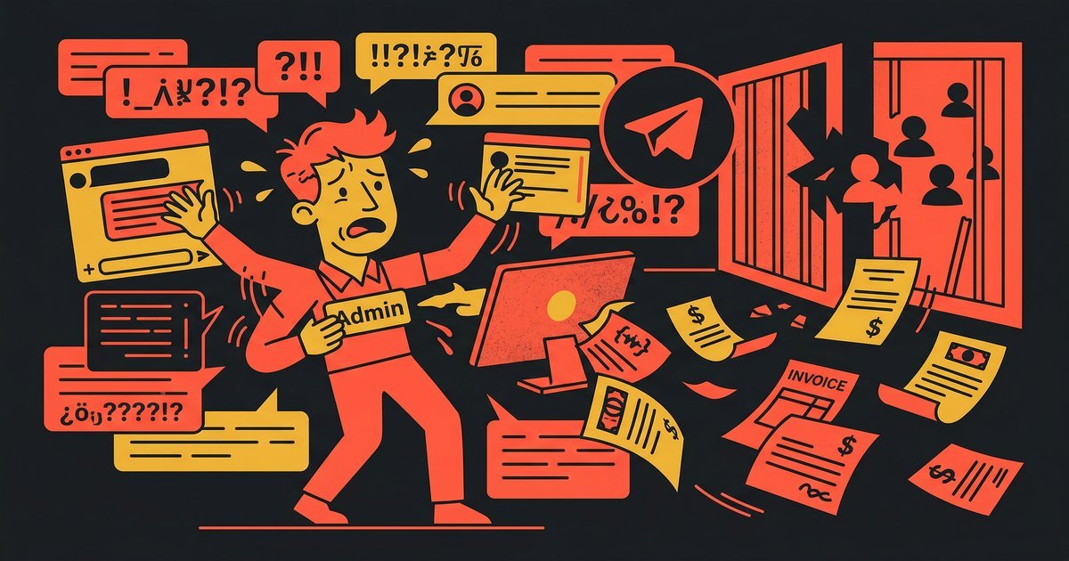 Stressed admin overwhelmed by scattered messages, unauthorized users, and unpaid invoices while managing a Telegram group manually